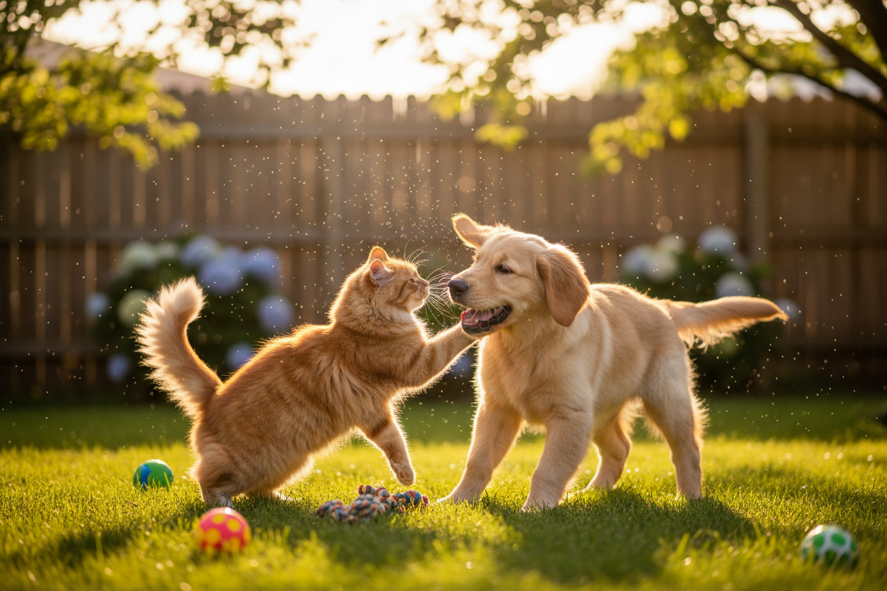 katt och hund som leker